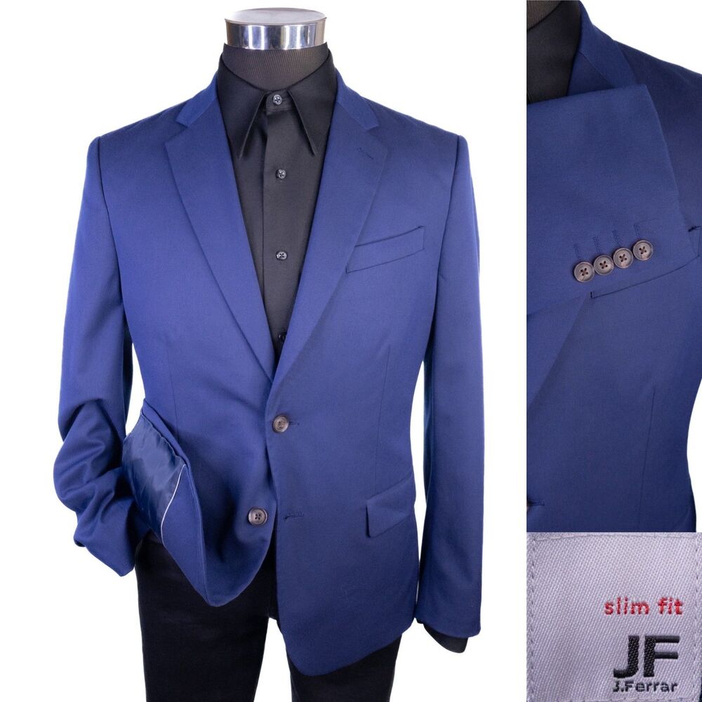 J.Ferrar Men's Sz 40S Sport Coat Blazer Two Button Blue Solid Poly Blend Slim